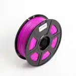 Spool of Sunlu PLA+ 3D printing filament in a bright fuchsia color. The filament is tightly and evenly wound around the spool, with a glossy surface. The spool features labels with the Sunlu brand, material type (PLA+), filament diameter, and recommended printing temperatures. Openings in the spool allow a clear view of the vibrant filament and its remaining quantity.