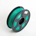 Spool of Sunlu PLA+ 3D printing filament in a vibrant grass green color. The filament is tightly wound around the spool, displaying a smooth, glossy surface. The spool features label details, including the Sunlu brand, material type (PLA+), filament diameter, and recommended print settings. Cut-out sections in the spool allow a clear view of the filament and remaining quantity.