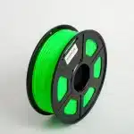 Spool of Sunlu PLA+ 3D printing filament in a vivid green color. The filament is smoothly wound around the spool with a glossy finish. The spool includes labeling with the Sunlu brand, material type (PLA+), filament diameter, and recommended printing temperatures. Cut-out sections in the spool provide a view of the filament and its remaining amount.