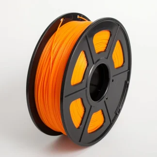 a spool of orange pla+ filament on white background.