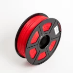 Spool of Sunlu PLA+ 3D printing filament in a bold red color. The filament is tightly wound around the spool, featuring a smooth, glossy finish. The spool has labels indicating the Sunlu brand, material type (PLA+), filament diameter, and recommended printing temperatures. Cut-out sections in the spool allow visibility of the vibrant red filament and its remaining quantity.