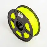 Spool of Sunlu PLA+ 3D printing filament in a bright yellow color. The filament is neatly wound around the spool, displaying a smooth, glossy texture. The spool includes labels with the Sunlu brand, material type (PLA+), filament diameter, and recommended print settings. Openings in the spool allow a clear view of the vibrant yellow filament and its remaining length.