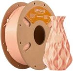 A spool of Eryone PLA+ filament in a peach or skin tone color alongside a 3D printed vase with a twisted, wavy pattern. The filament is wound onto a cardboard spool, and the printed vase demonstrates the filament's color and smooth surface finish.